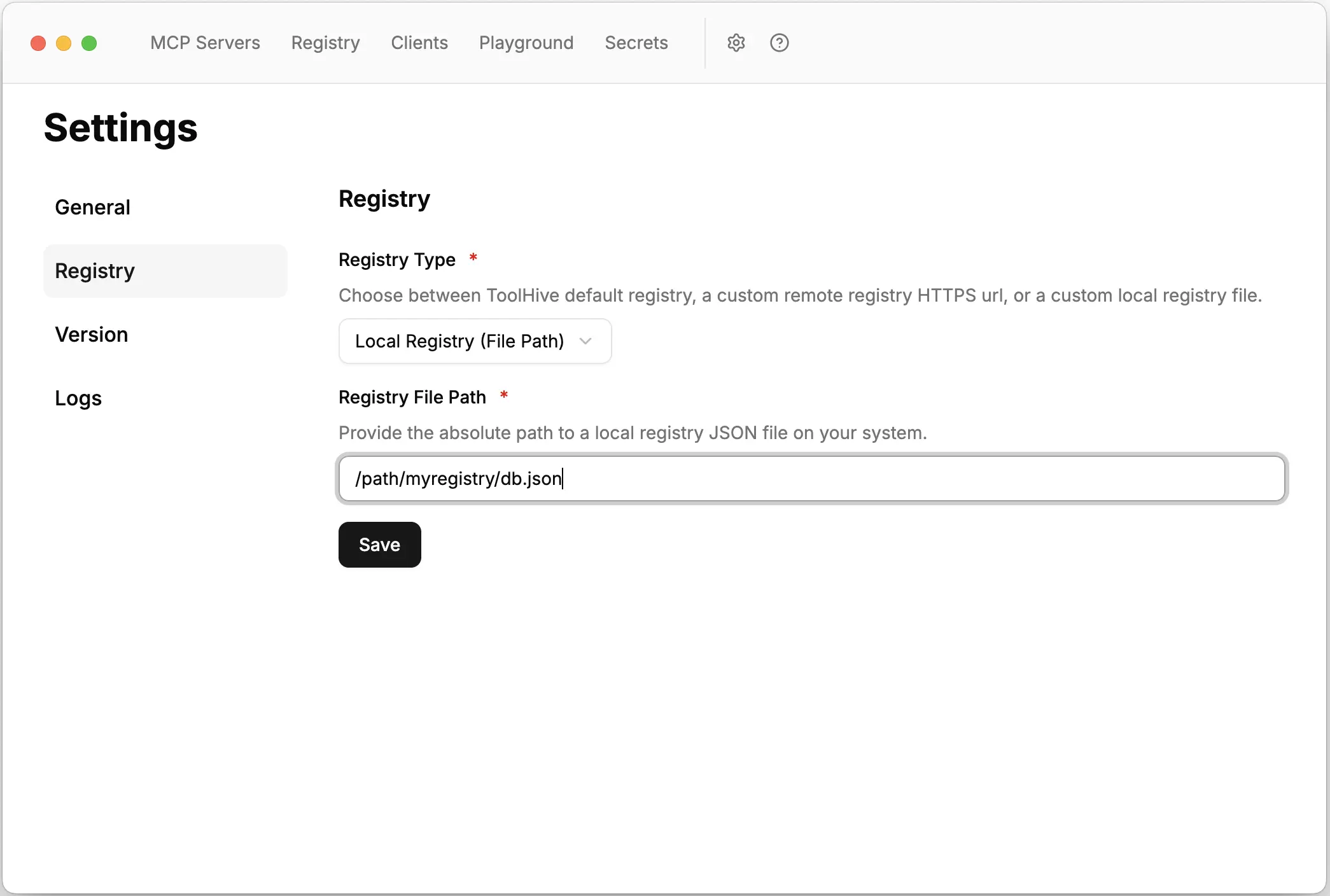 Local Registry configuration with file path input field Registry settings showing Local Registry File Path option selected with Registry File Path input field